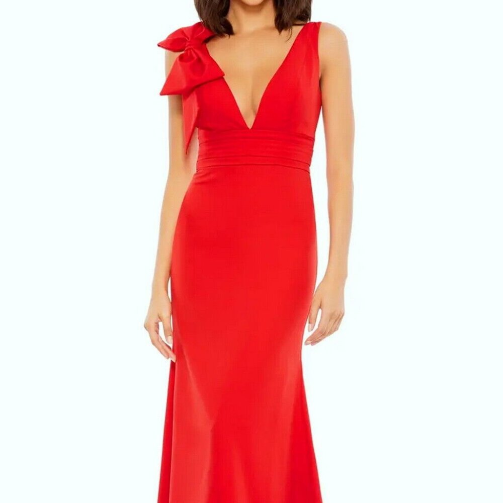 Mac Duggal Red Bow Shoulder V-Neck Gown